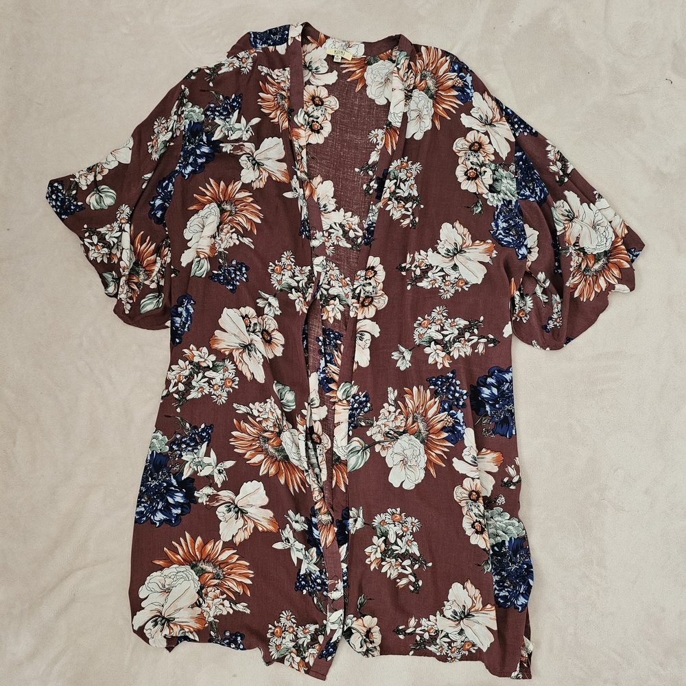 Kori America Burgundy Floral Midi Bohemian Open Lightweight Kimono